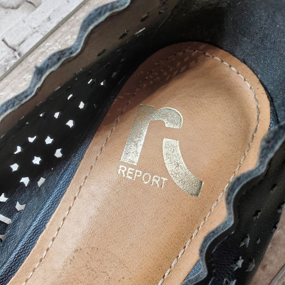 Report Women's Black 8.5 Kira Cutout Pointed Toe Scalloped Edge Flats EUC - Picture 2 of 13